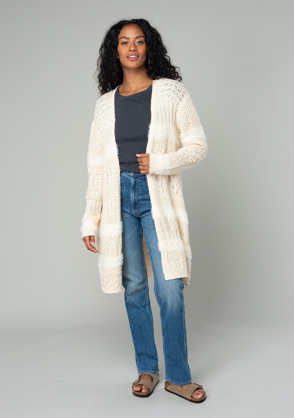 Textured Patchwork Open Front Knit Cardigan