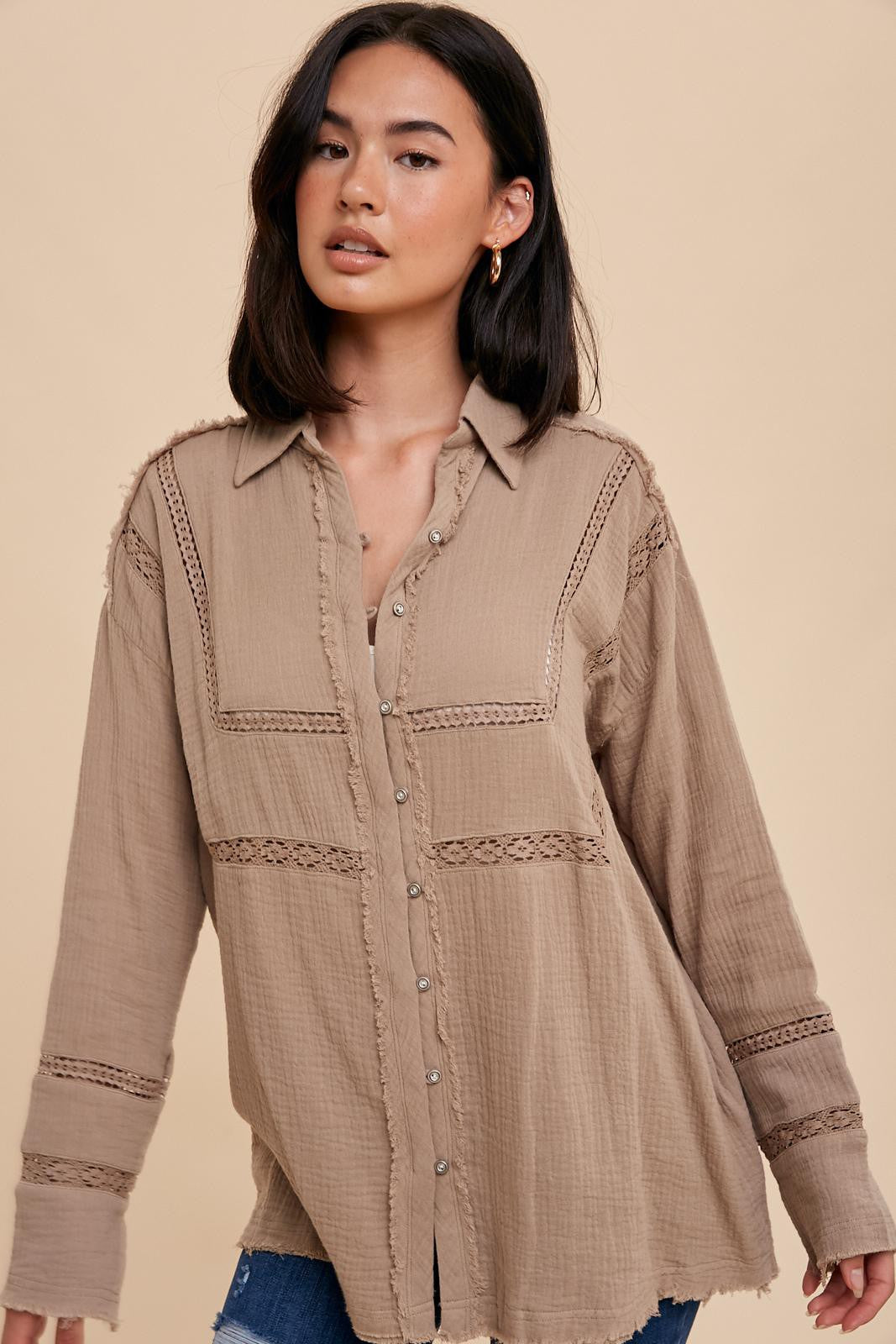 Garment Washed Lace Inset Button Down Tunic – morrison + hygge