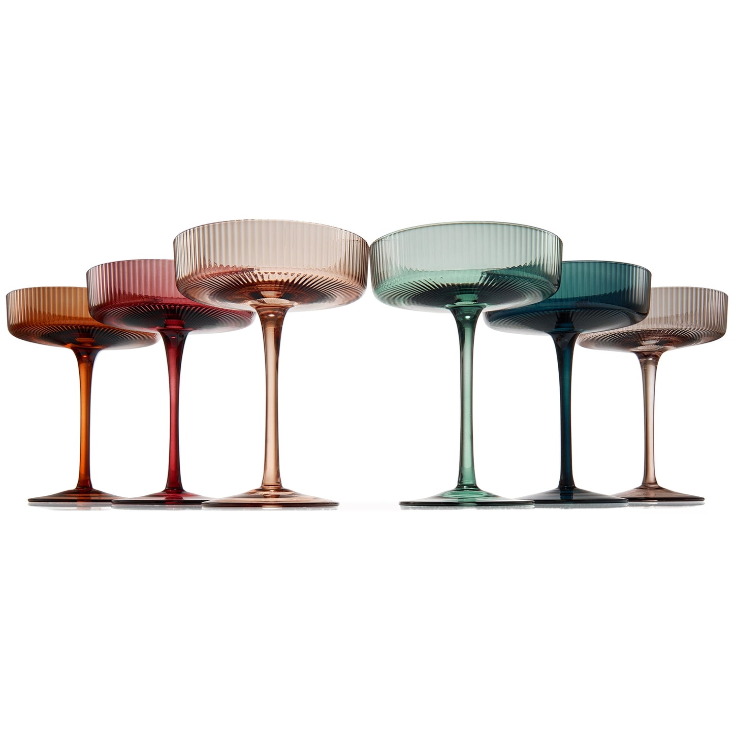 Art Deco Ribbed Pastel Coupe, & Cocktail Glasses - 6 Set