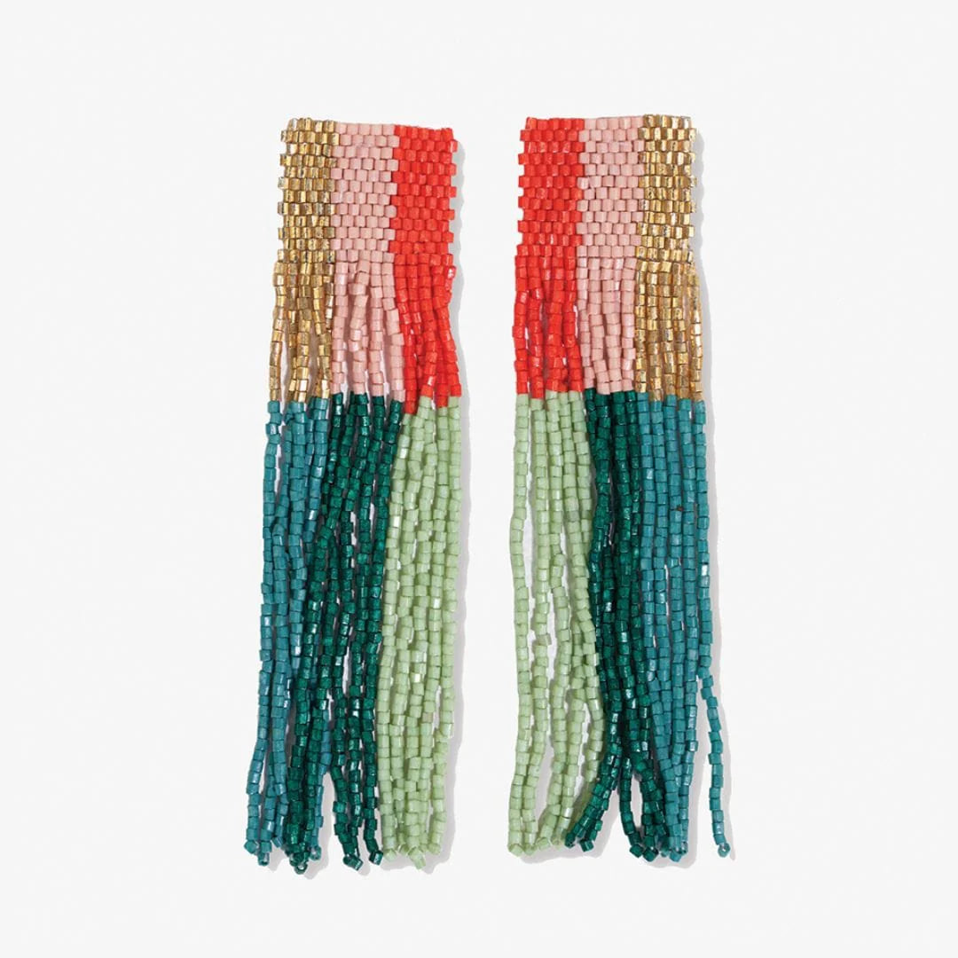 Belle Woven Top Vertical Colorblock Beaded Fringe Earrings Teal + Poppy
