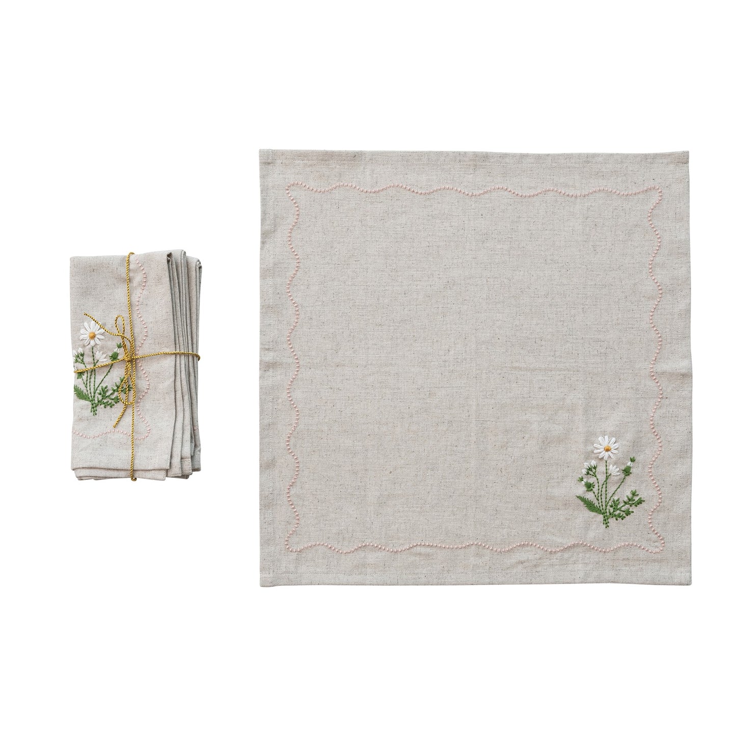 Embroidered Daisies Square Cotton Blend Napkins, Set of 4