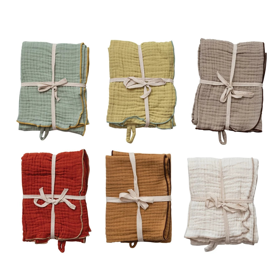 Woven Cotton Double Cloth Tea Towel W/ Contrasting Stitched Edge & Loop