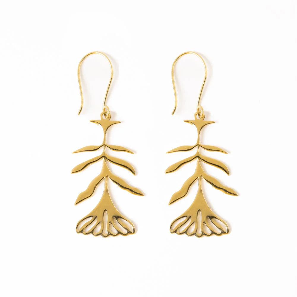 Ingrid Botanical Abstract Floral Leaf Drop Earrings Brass