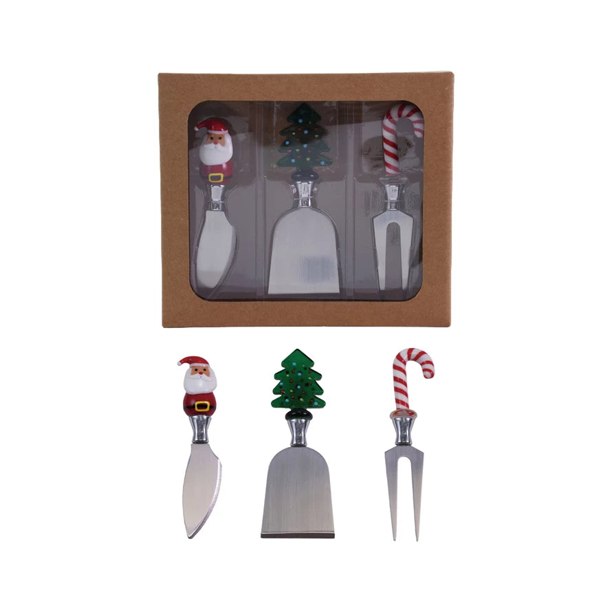 Cheese Knives with Hand-Blown Glass Holiday Icon Handle