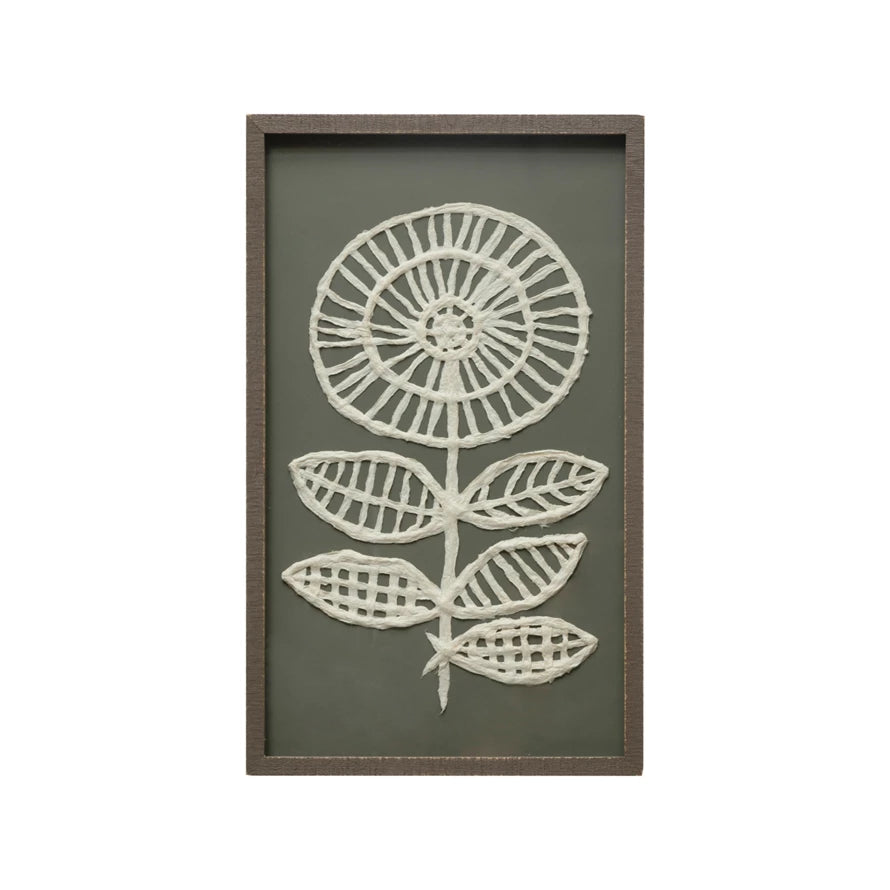 Wood Framed Glass Wall Décor w/ Handmade Textured Paper Flower, Grey & White