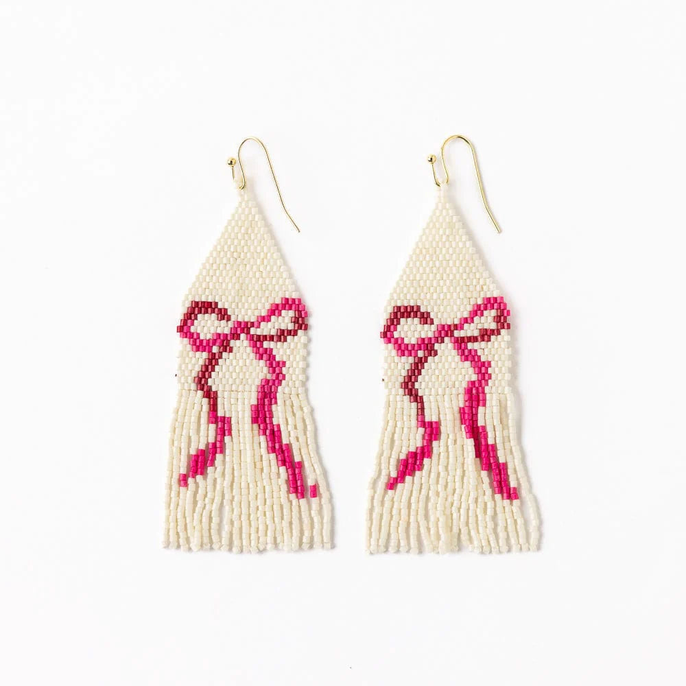 Delilah Pink Bow Beaded Fringe Earrings Ivory