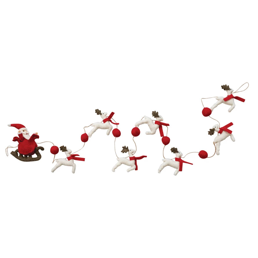 Handmade Wool Felt Santa In Sleigh & Reindeer Garland with Jute Cord