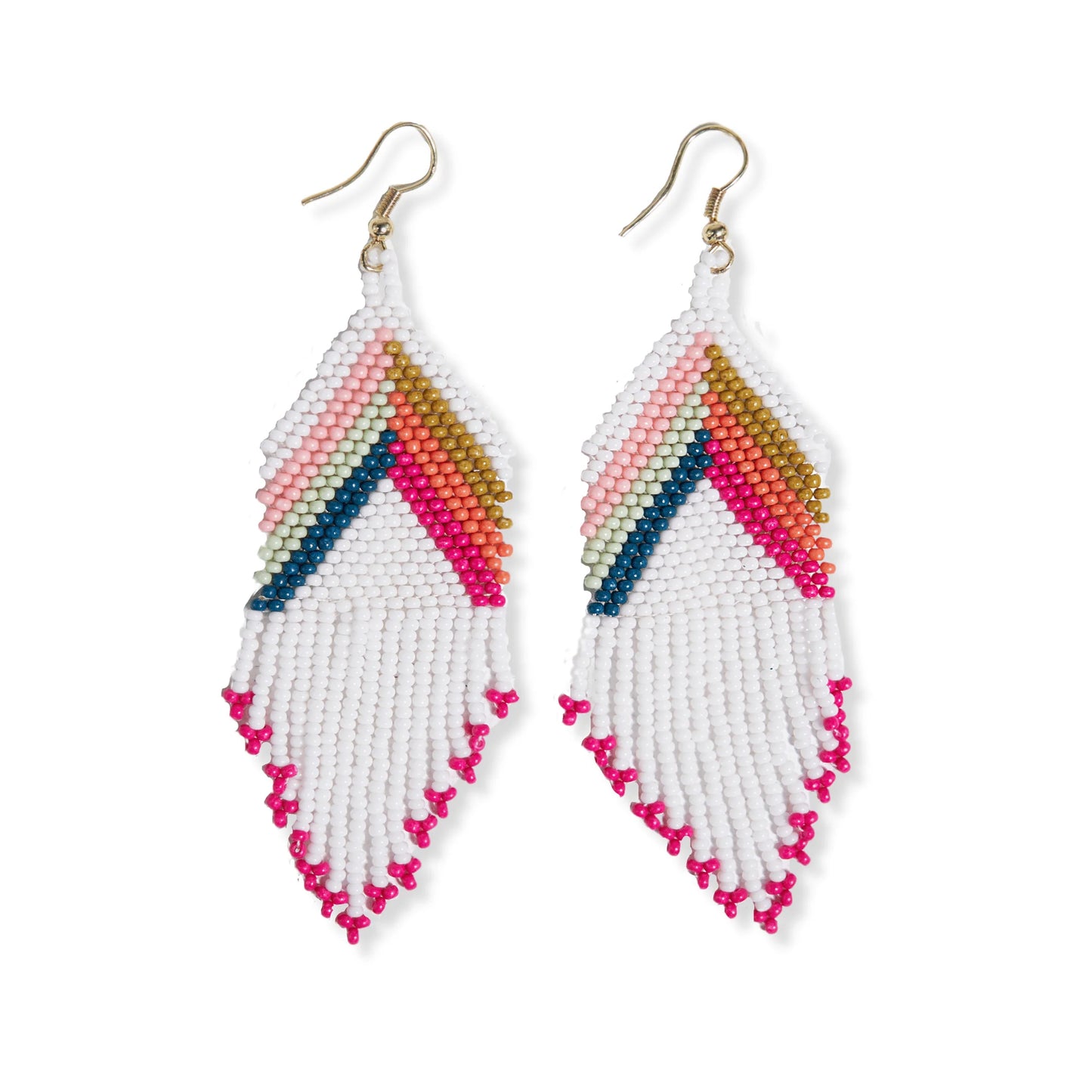 Elise Chevron with Stripes Beaded Fringe Earrings White Rainbow