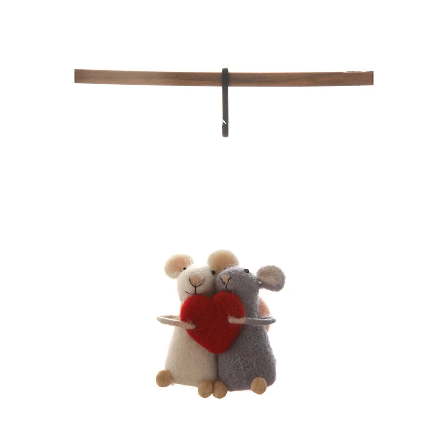 Wool Felt Mice W/ Heart Ornament