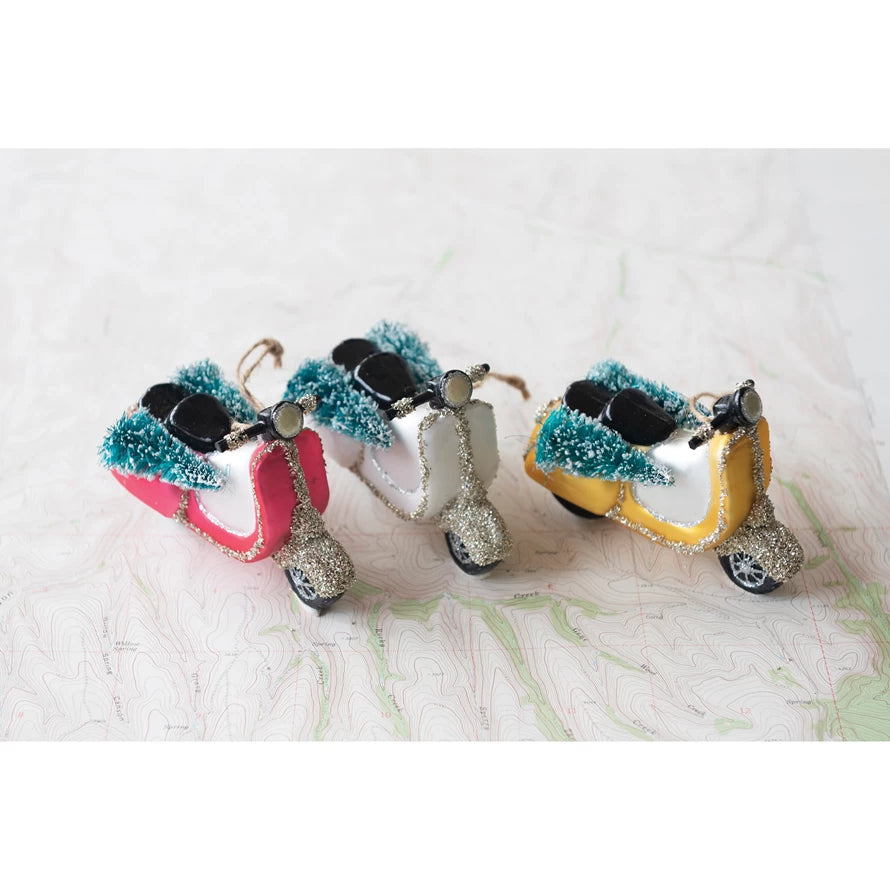 Hand Painted Scooter Ornaments W/ Bottle Christmas Brush Trees