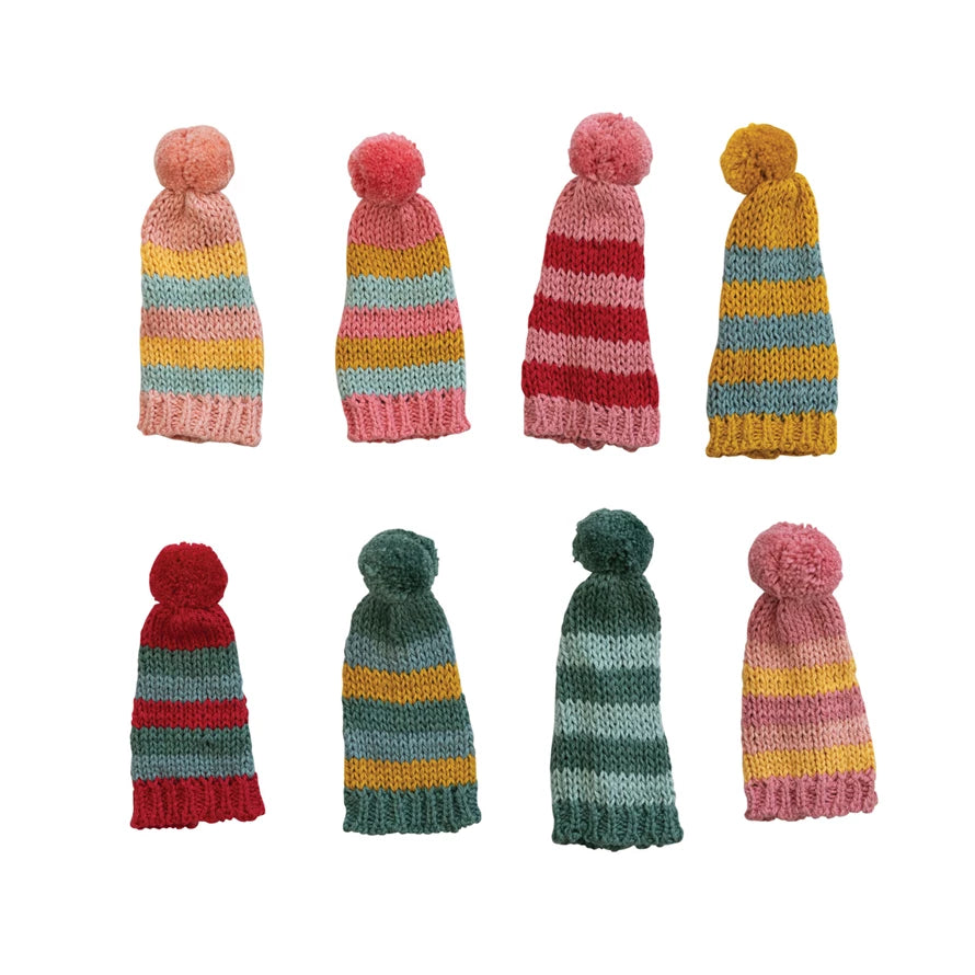 Cotton Knit Hat Bottle Topper W/ Stripes & Pom Pom