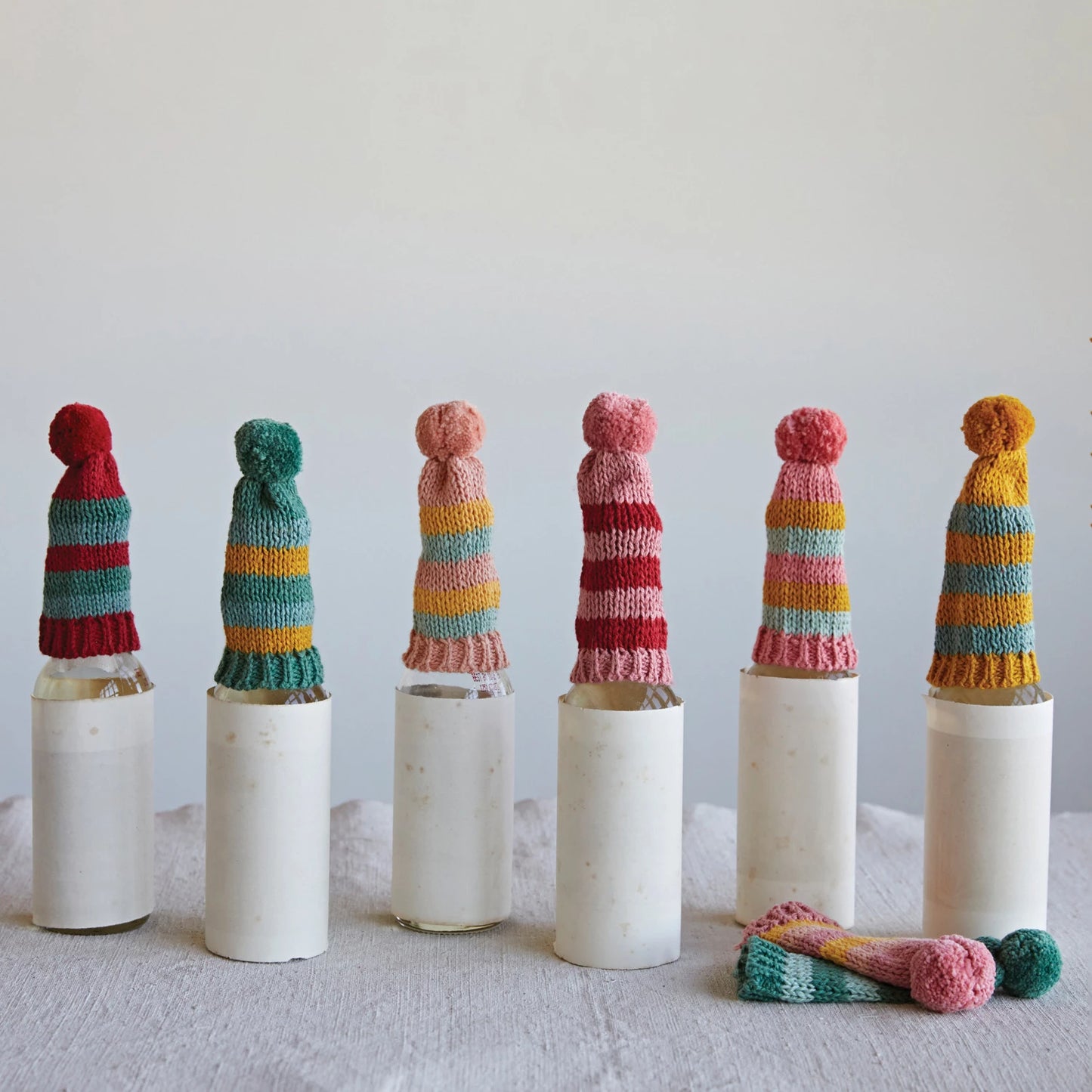 Cotton Knit Hat Bottle Topper W/ Stripes & Pom Pom