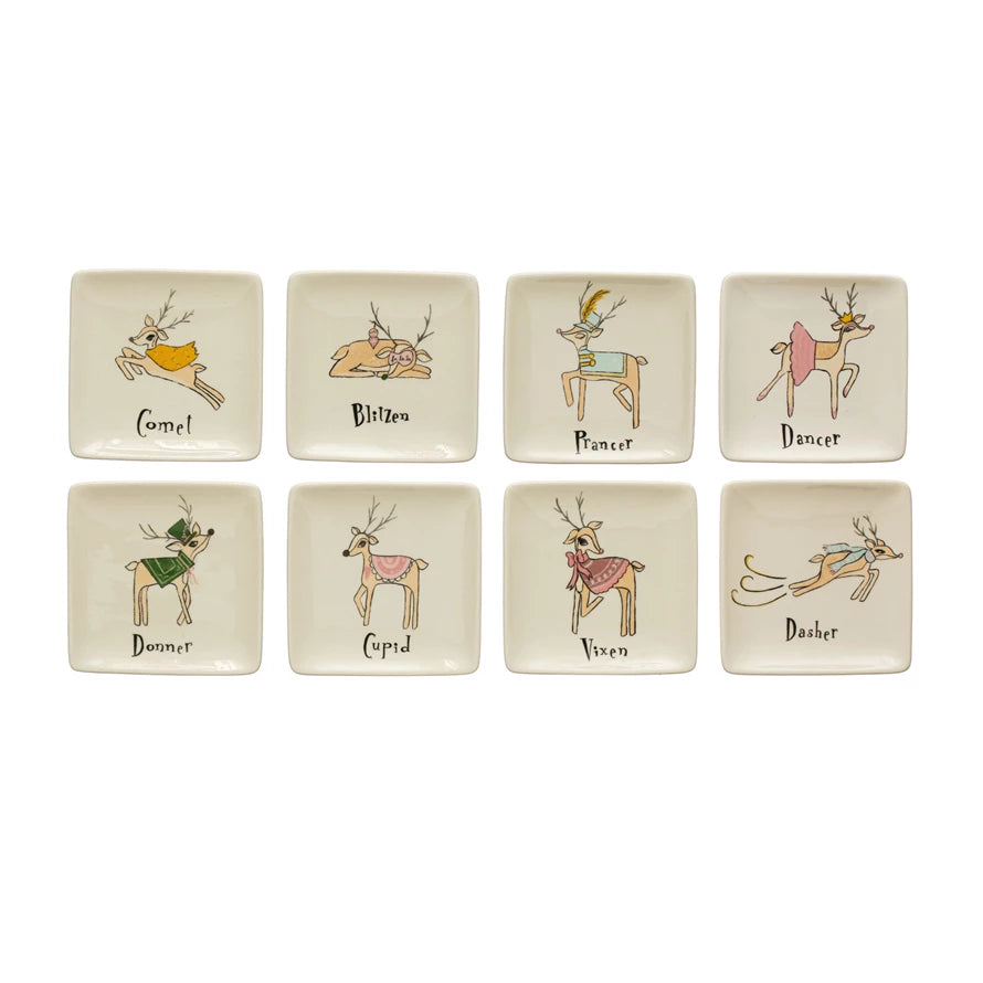 Square Stoneware Dish W/ Santas Reindeer