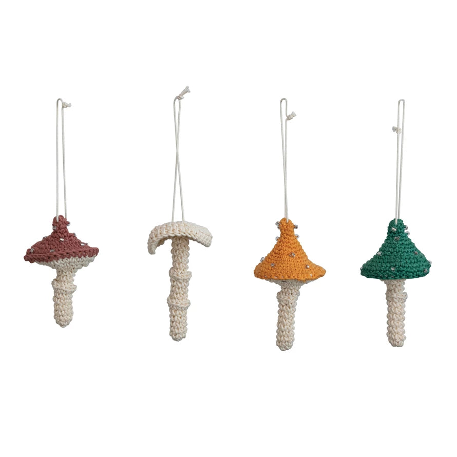 Beaded Cotton Crocheted Mushroom Ornament