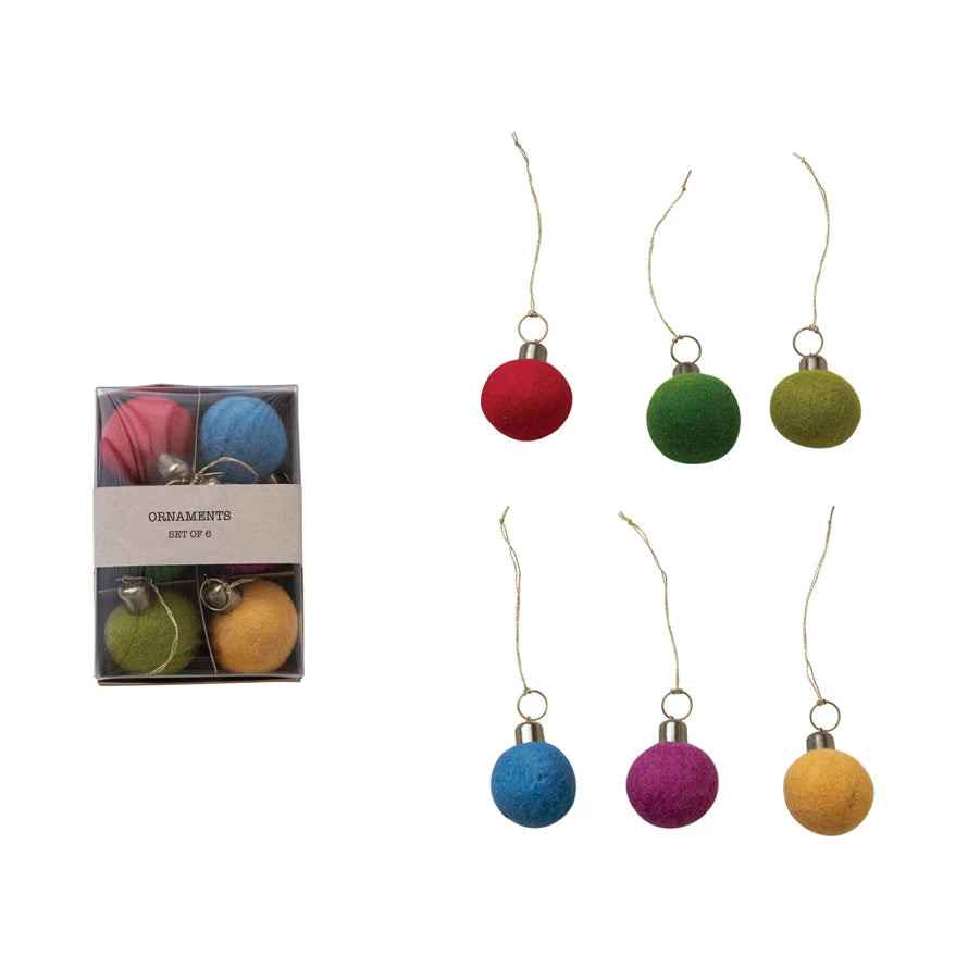 Round Wool Felt Pom Pom Ornament Set of 6