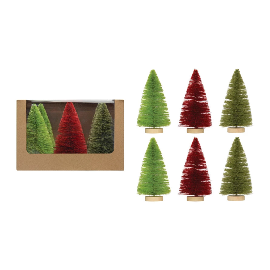 Maroon & Green Sisal Bottle Brush Trees W/ Wood Base