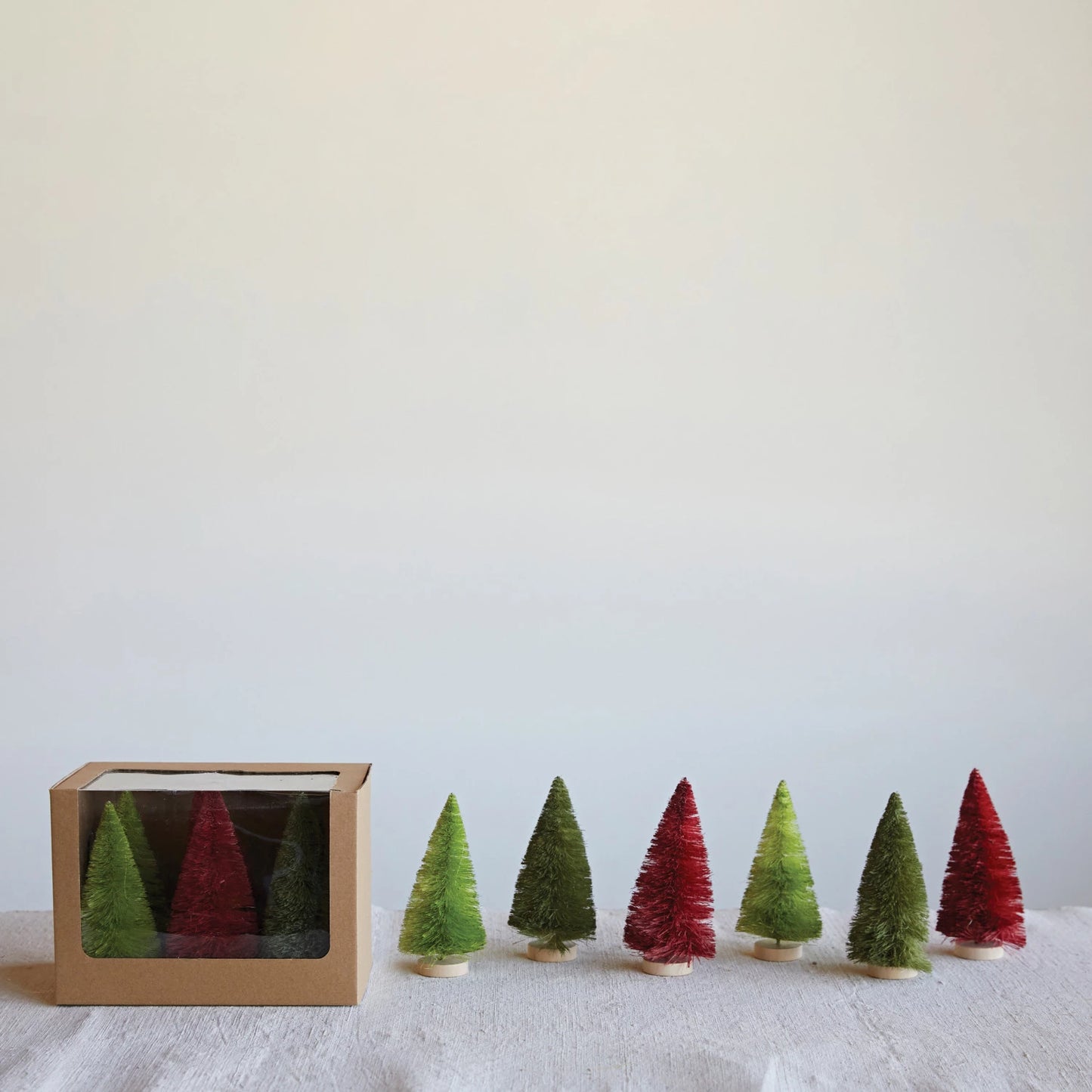 Maroon & Green Sisal Bottle Brush Trees W/ Wood Base