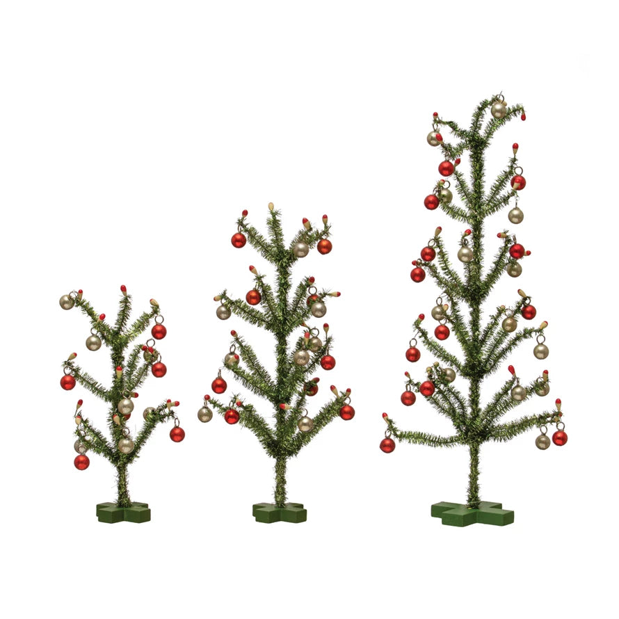 Tinsel Trees W/ Red & Silver Finish Ornaments