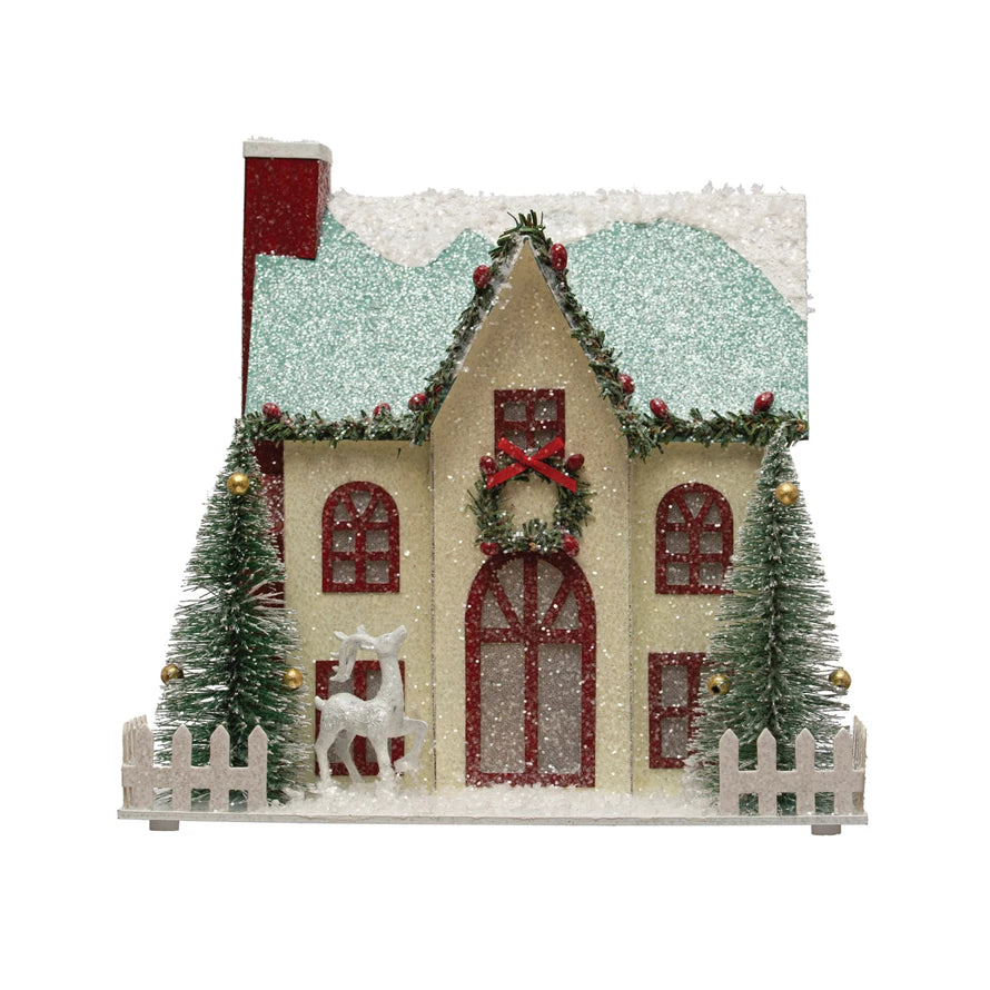 Paper House W/ Trees, Deer, Glitter & LED Lights