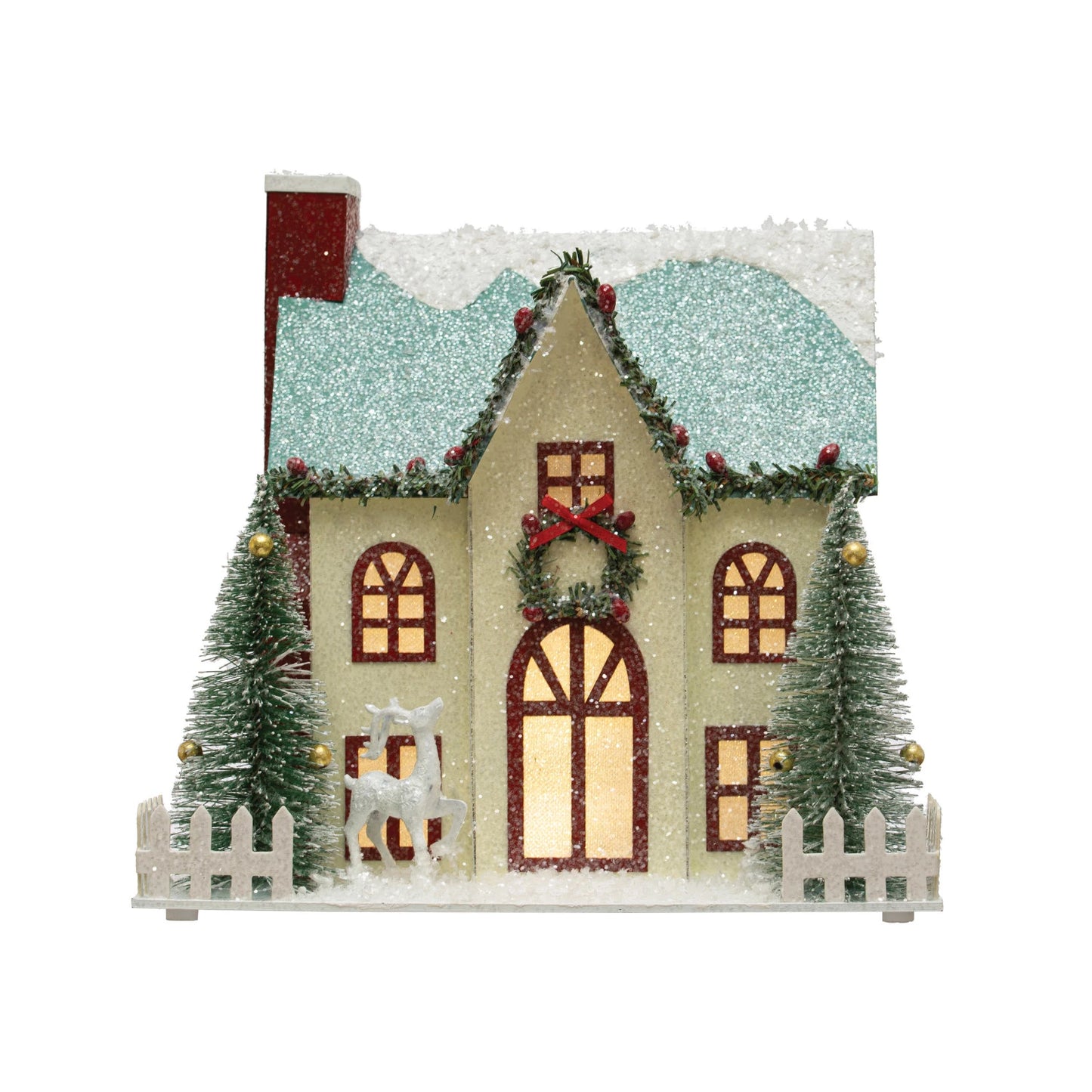 Paper House W/ Trees, Deer, Glitter & LED Lights