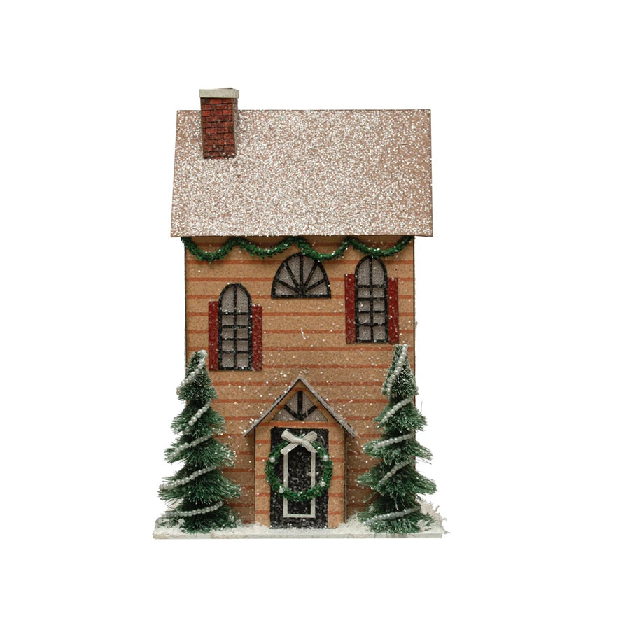Paper House W/ Trees, Glitter & LED Light