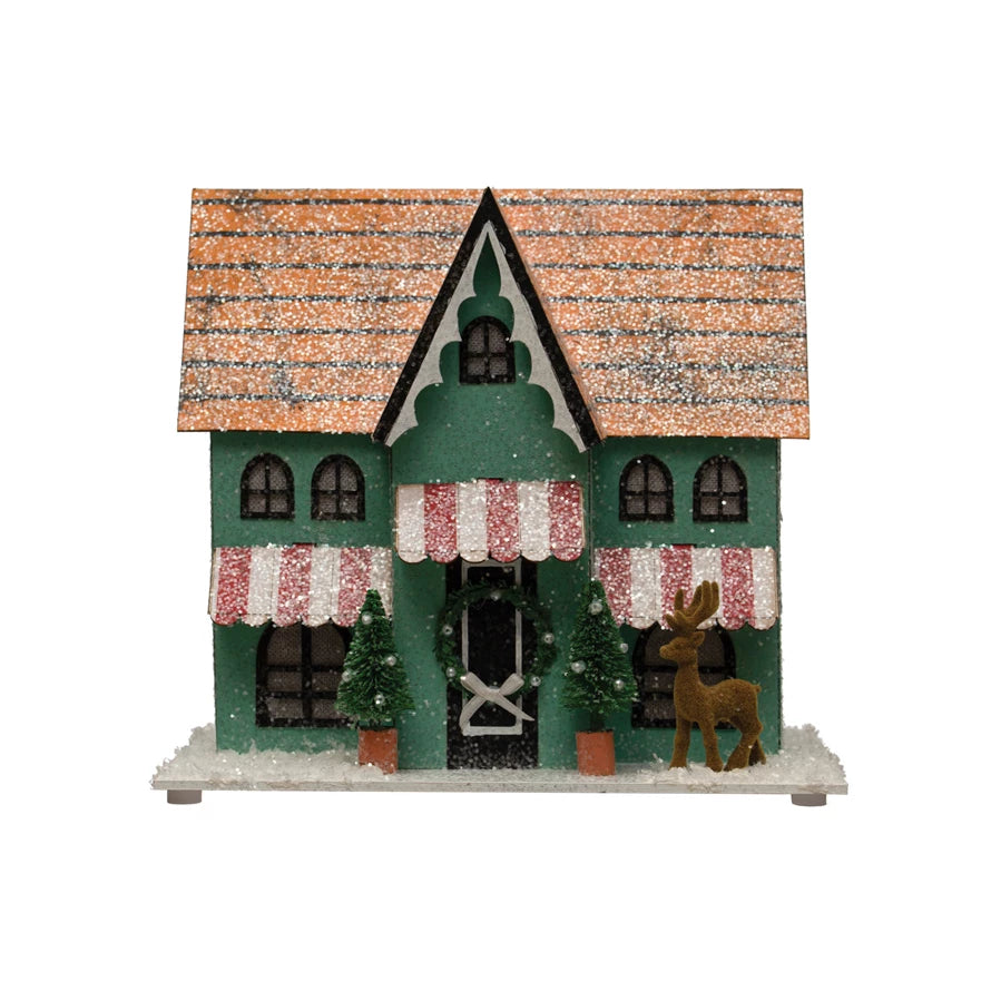 Paper House W/ Trees, Deer, Glitter & LED Lights, Multi Color