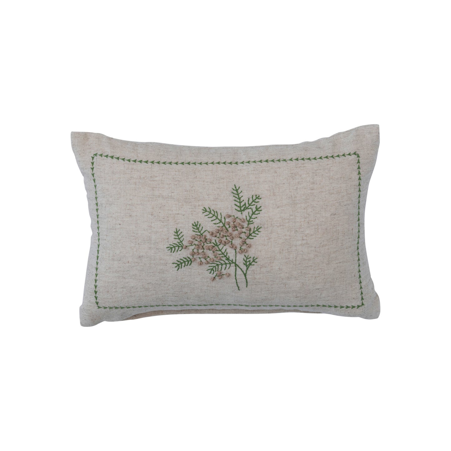 Cotton & Linen Lumbar Pillow W/ Botanical Embroidery