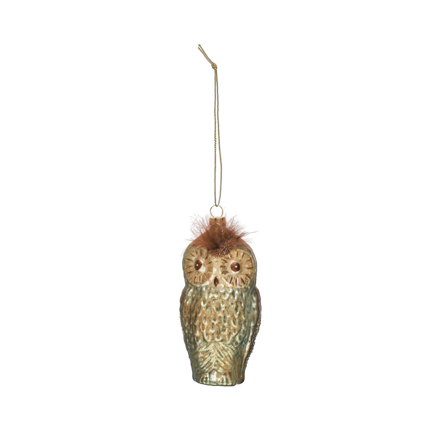 Hand Painted Glass Owl Ornament W/ Feathers