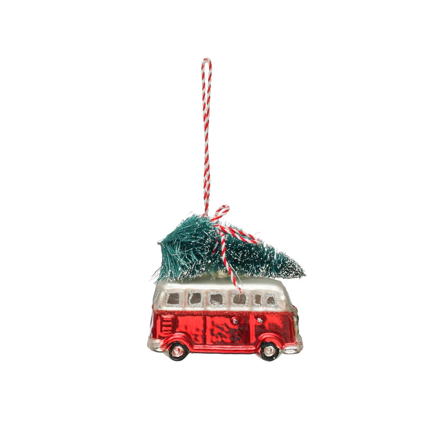 Hand Painted Glass Vintage Bus Ornament W/ Tree