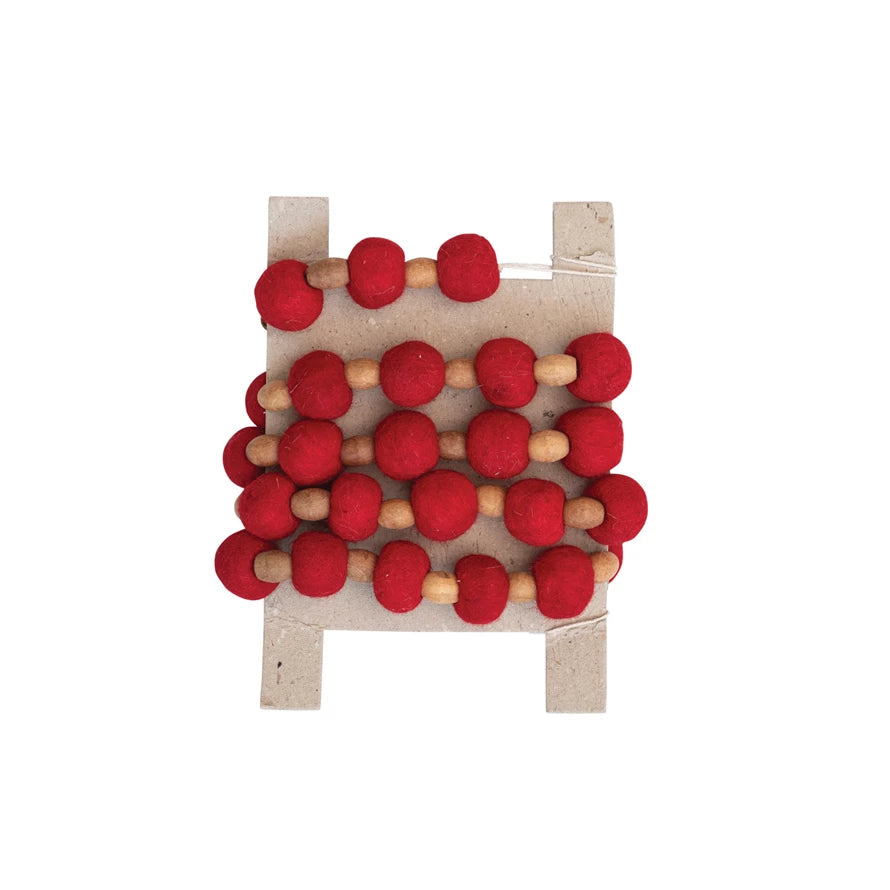 Handmade Wool Felt Ball Garland W/ Wood Beads