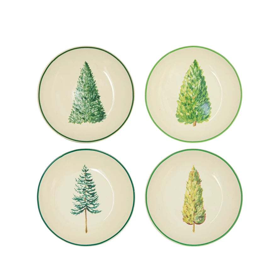 Round Hand-Painted Stoneware Plates W/ Evergreens