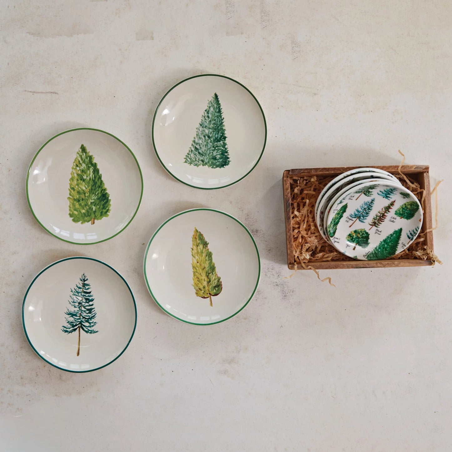 Round Hand-Painted Stoneware Plates W/ Evergreens