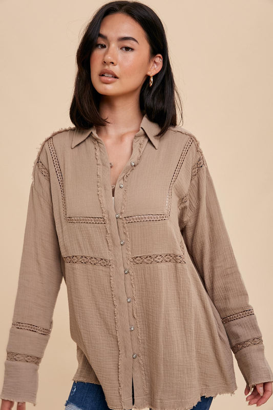 Garment Washed Lace Inset Button Down Tunic