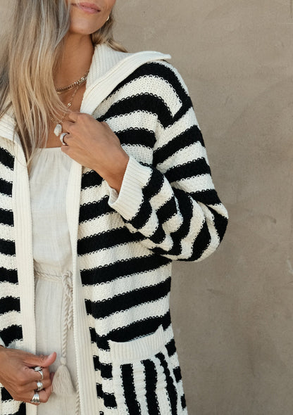 Stripped Open Front Long Sleeve Cardigan