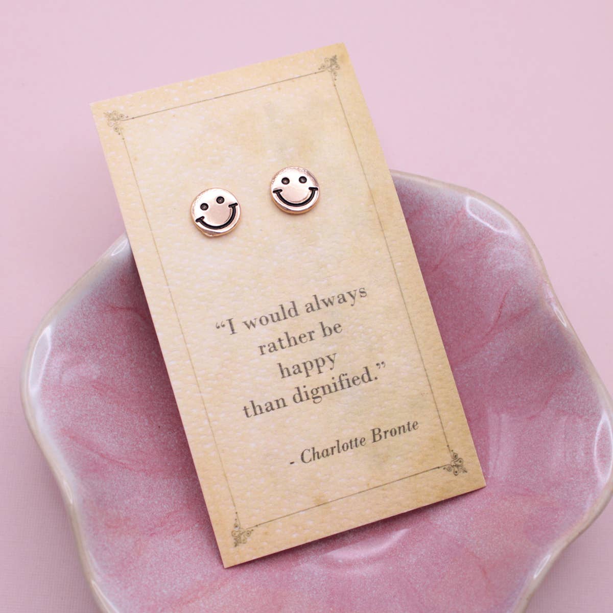 Literary Quotes Gold Happy Face Post Earrings