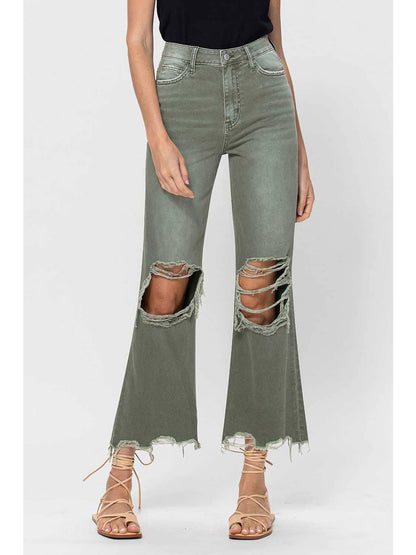 90's Vintage Crop Flare Army Green Jeans