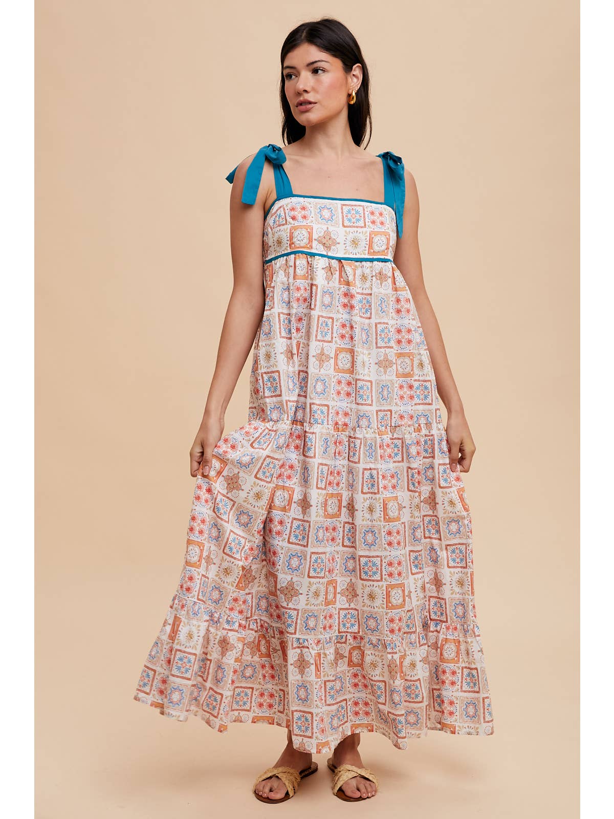 Tilework Print Sleeveless Cotton Maxi Dress
