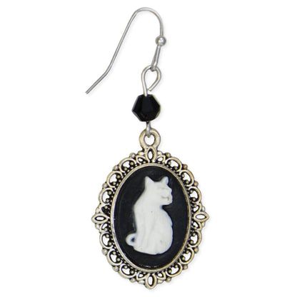 Silver Black Cameo White Cat Earrings