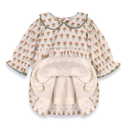 Ina Block Print Floral Baby Dress & Bloomer Set (Linen)