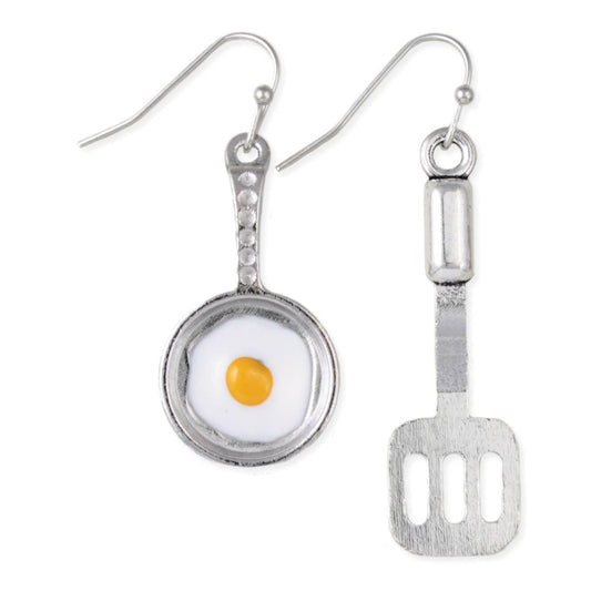 Breakfast Time Silver Spatula Egg Earrings