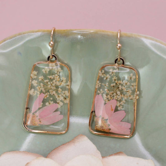 Pink Petals Dried Flower Gold Oblong Earrings