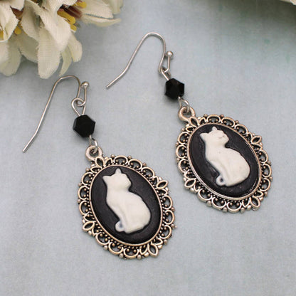 Silver Black Cameo White Cat Earrings