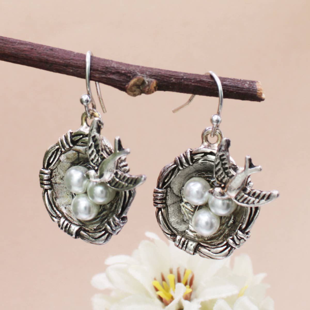 Nesting Bird Silver Earrings