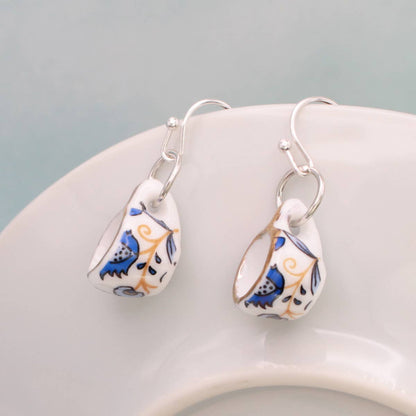 Blue Yellow Ceramic Teacup Earrings