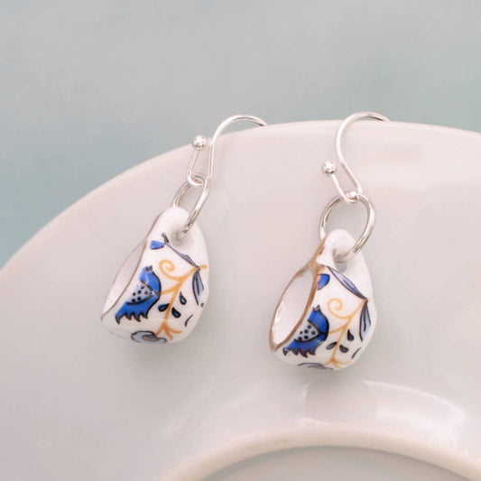 Blue Yellow Ceramic Teacup Earrings