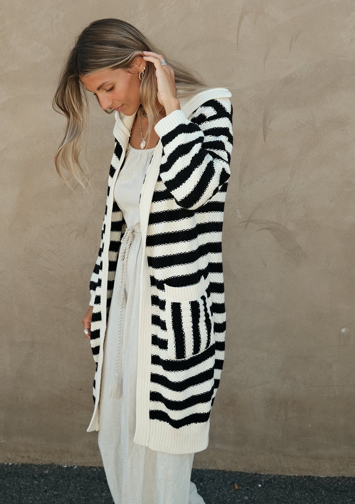Stripped Open Front Long Sleeve Cardigan
