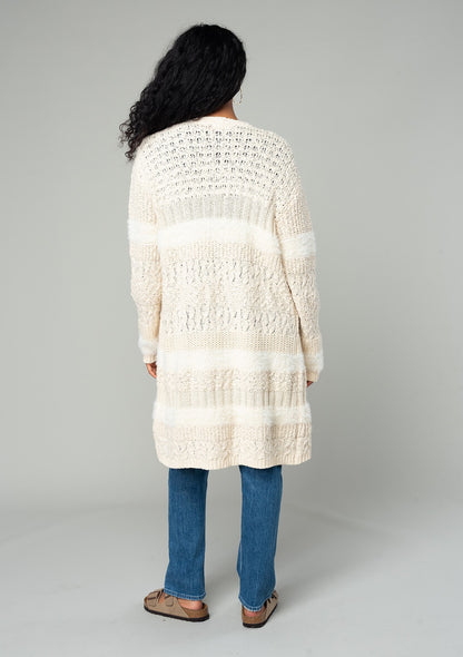 Textured Patchwork Open Front Knit Cardigan