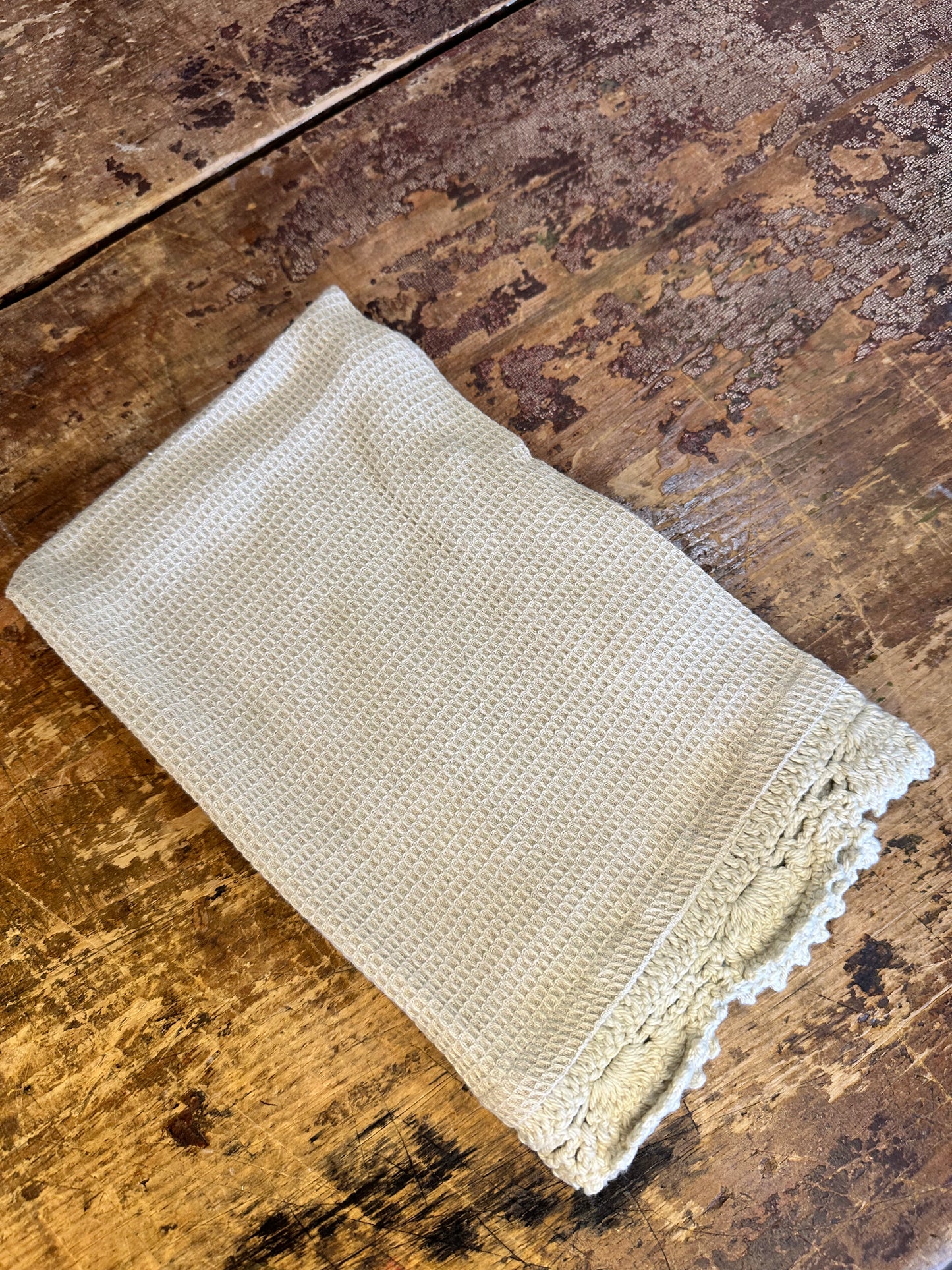 Cotton Waffle Weave Tea Towel w/ Crochet Lace Trim, 3 Colors