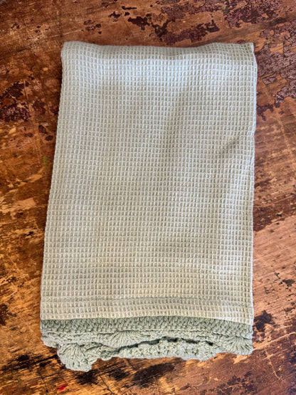 Cotton Waffle Weave Tea Towel w/ Crochet Lace Trim, 3 Colors