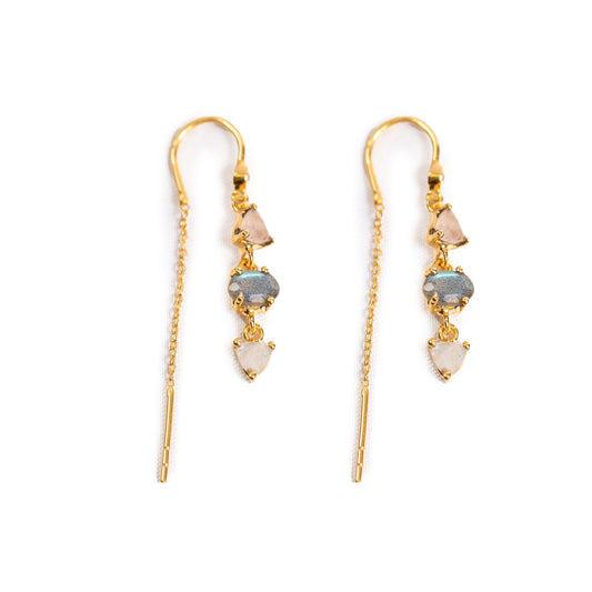 Rose Quartz, Labradorite & Rainbow Moonstone Gold Plated Drop Earrings w Chain